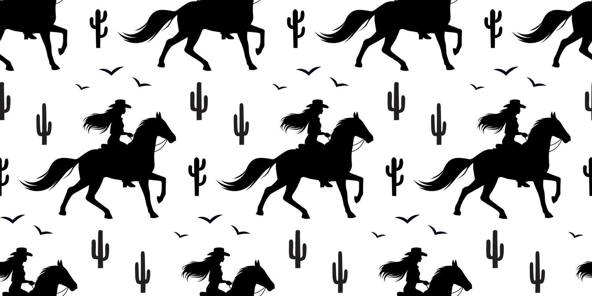 Seamless pattern silhouettes of cowgirl, girl on horse, cacti vector