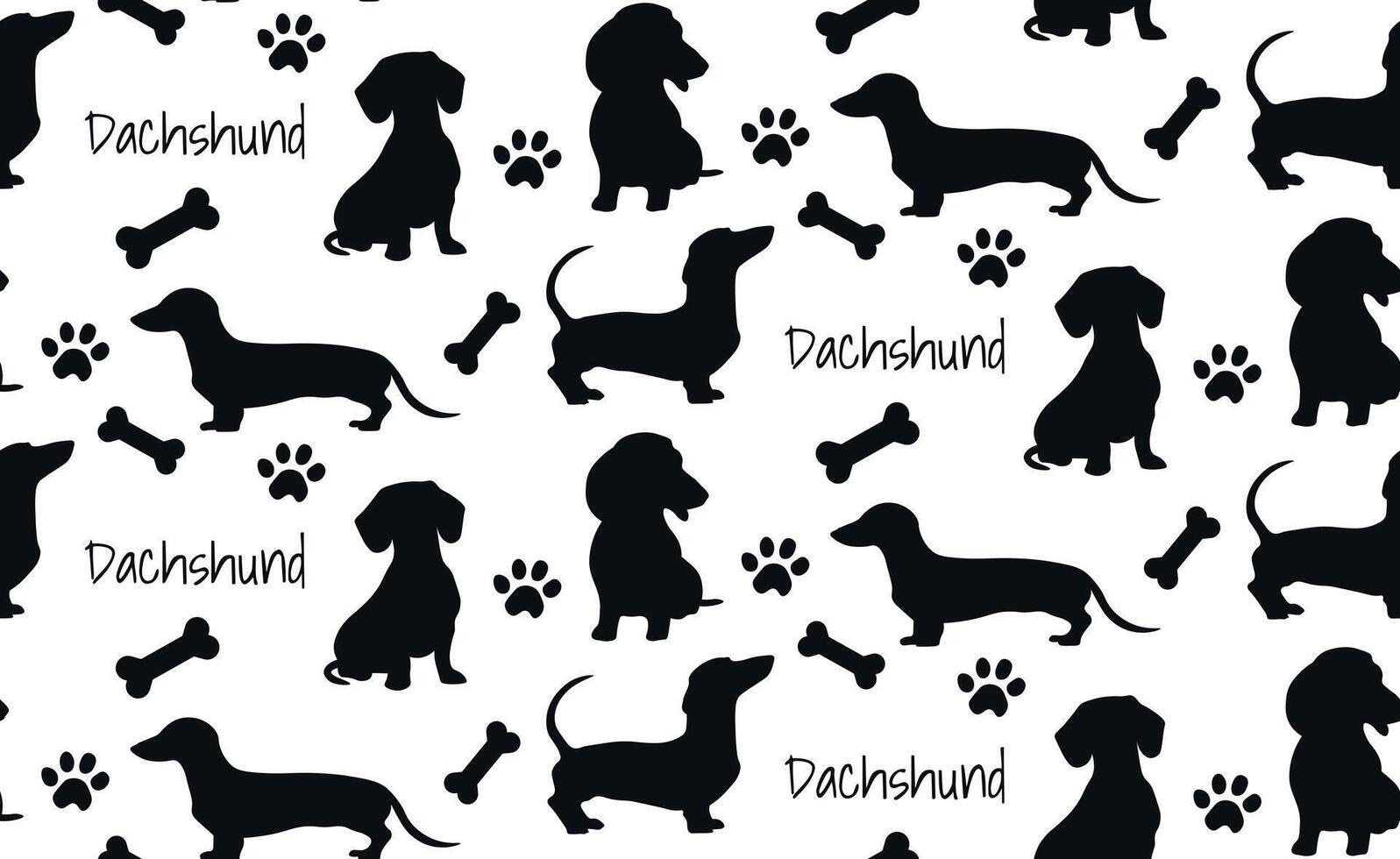 Seamless pattern Dachshund Dog, paw, bone silhouette. vector