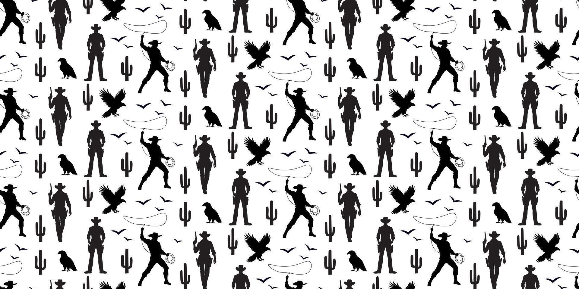 Seamless pattern silhouettes of a cowboy, an eagle, cacti vector