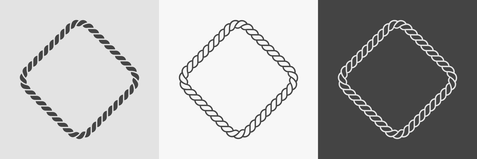 Rope rhomb frames. Set of border cord silhouette, line art and inversion. Seamless shape. Jewelry design, text frame vector
