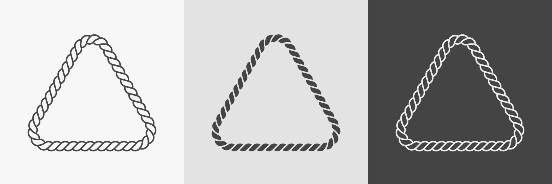 Rope triangular frames. Set of border cord silhouette, line art and inversion. Seamless shape. Jewelry design, text frame vector