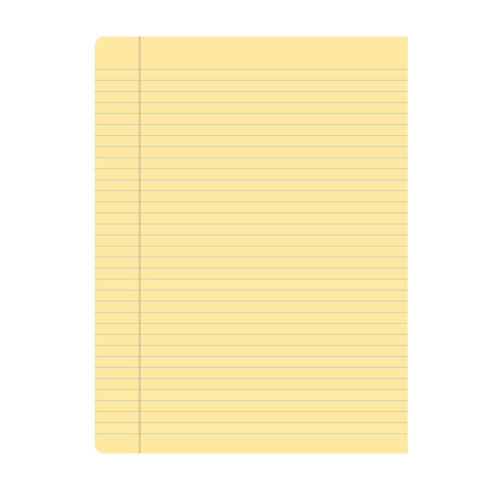 Single yellow lined paper with margin. Blank stationary for notes and writing. Isolated sheet for education document vector