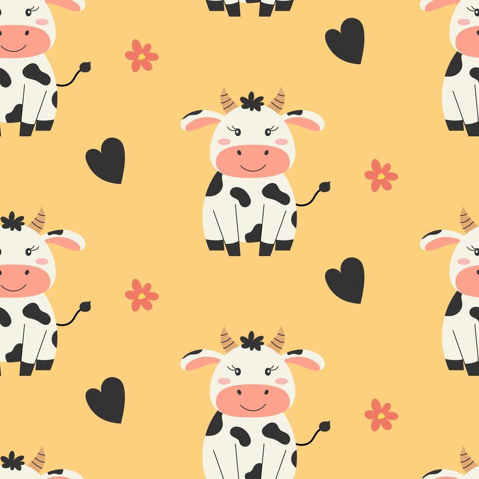 Seamless pattern with cute sitting cow and flowers. Pattern for fabric, wrapping, textile, wallpaper, clothing. illustration. vector