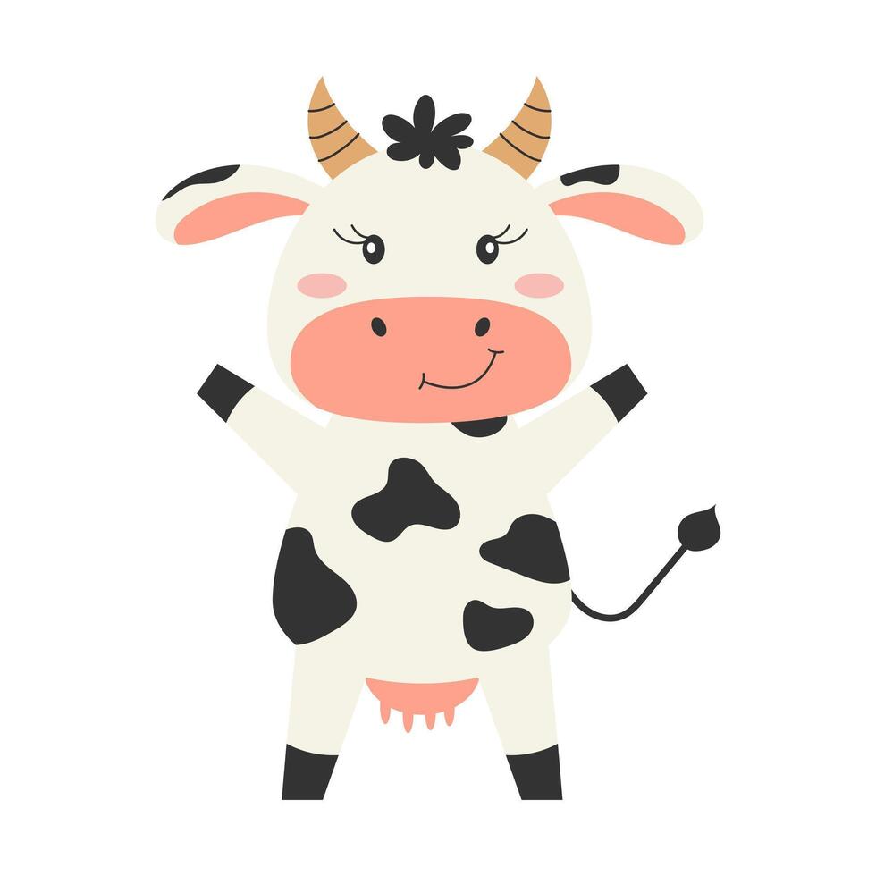 Cheerful black and white cow character standing and smiling. Farm animal. illustration. vector
