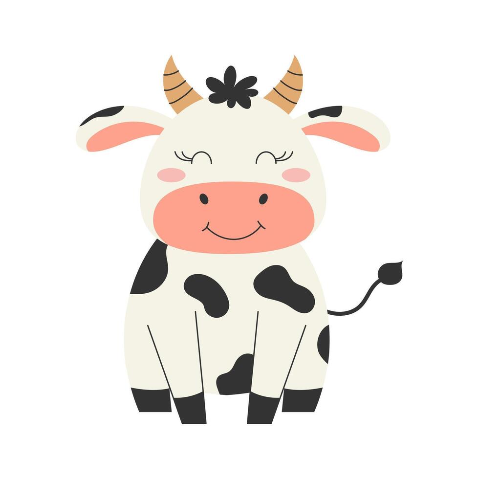 Cute cartoon black and white cow sitting. Farm animal. illustration. vector