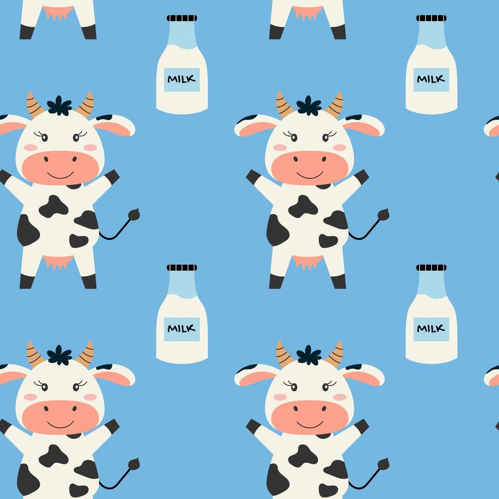Seamless pattern with cute standing cow and milk can. Pattern for fabric, wrapping, textile, wallpaper, clothing. illustration. vector