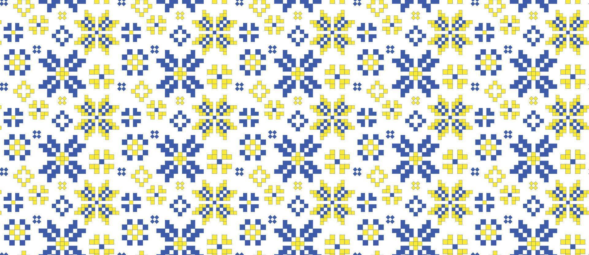 Traditional Ukrainian Pixel Blue and Yellow Embroidery Seamless pattern vector