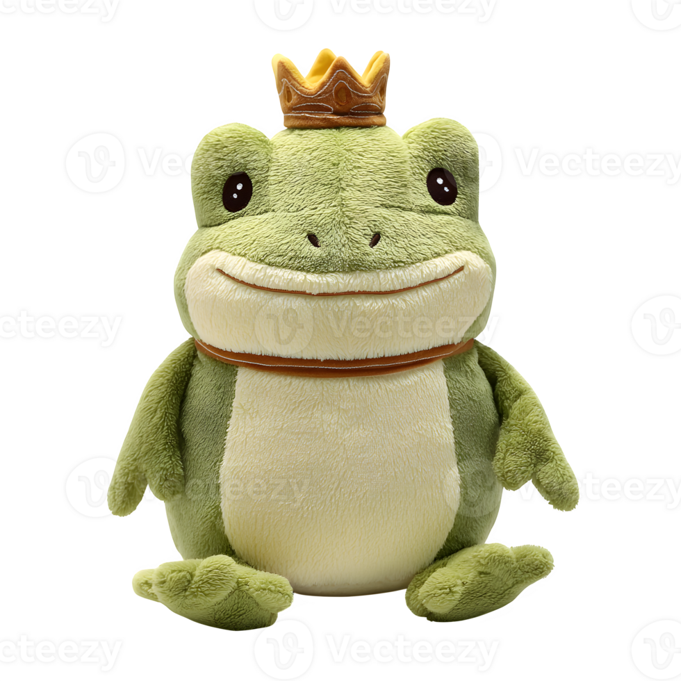 A stuffed frog with a crown on its head png