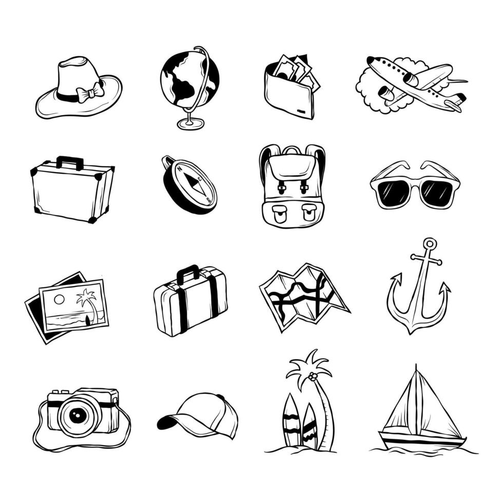 Hand drawn travel icon set summer, vacation, beach, transport, camera, and adventure gear. vector
