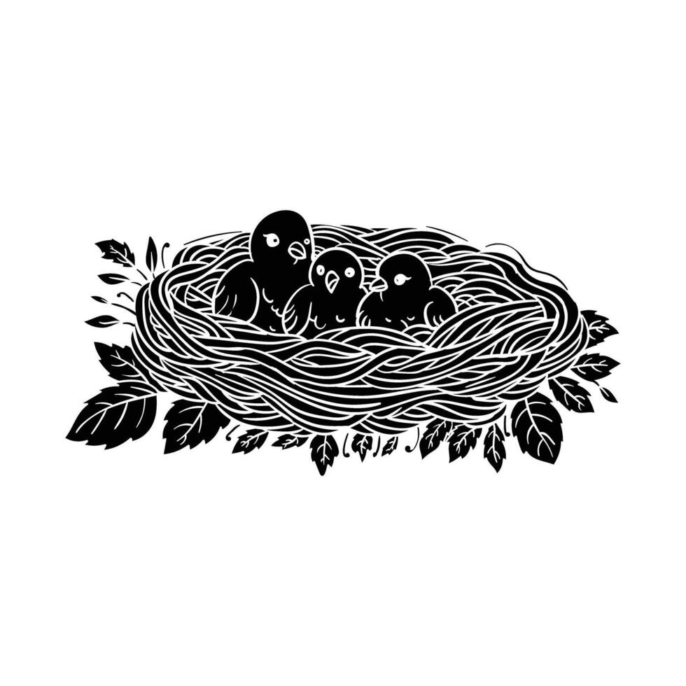 birds in the nest black and white illustration vector