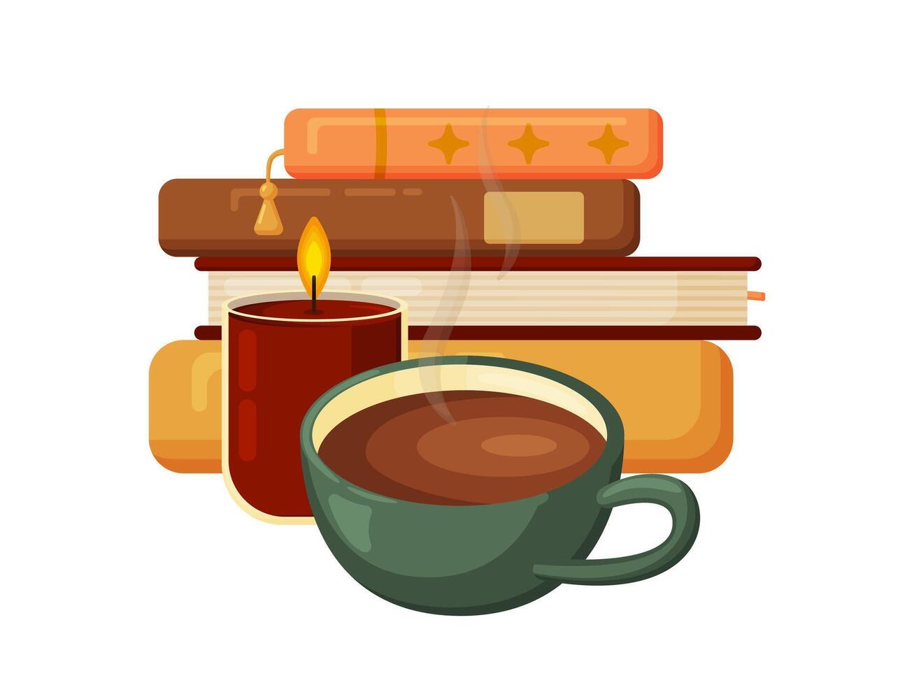 Coffee cup, candle, and stacked books vector