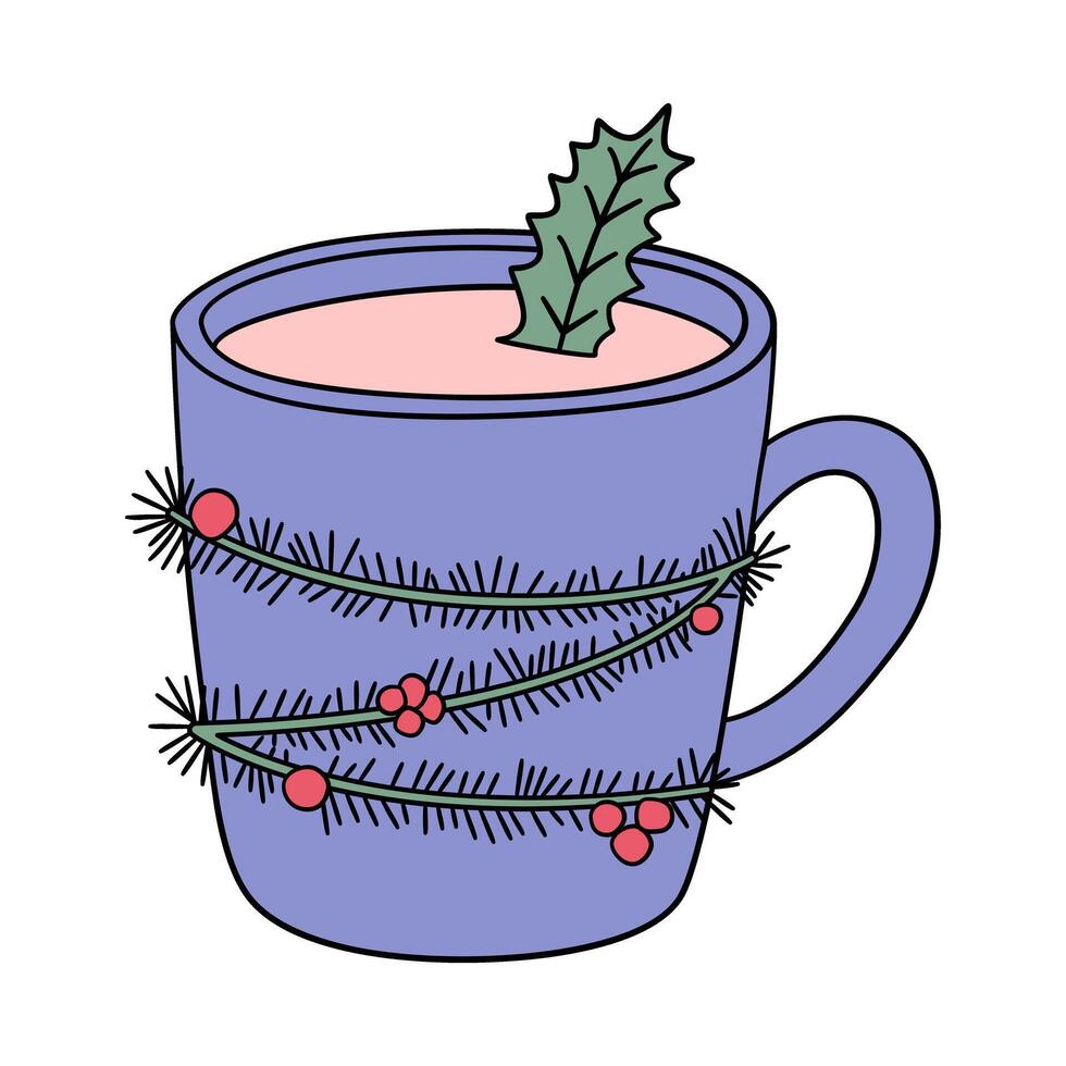 Festive Christmas Mug with Hot Beverage and Garland vector