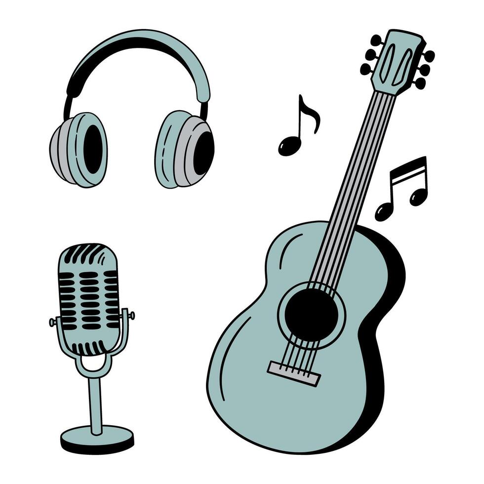 Guitar musical instruments and audio equipment in a clean, hand-drawn outline style with flat, muted blue-green colors, a pair of over-ear headphones, a vintage-style vector