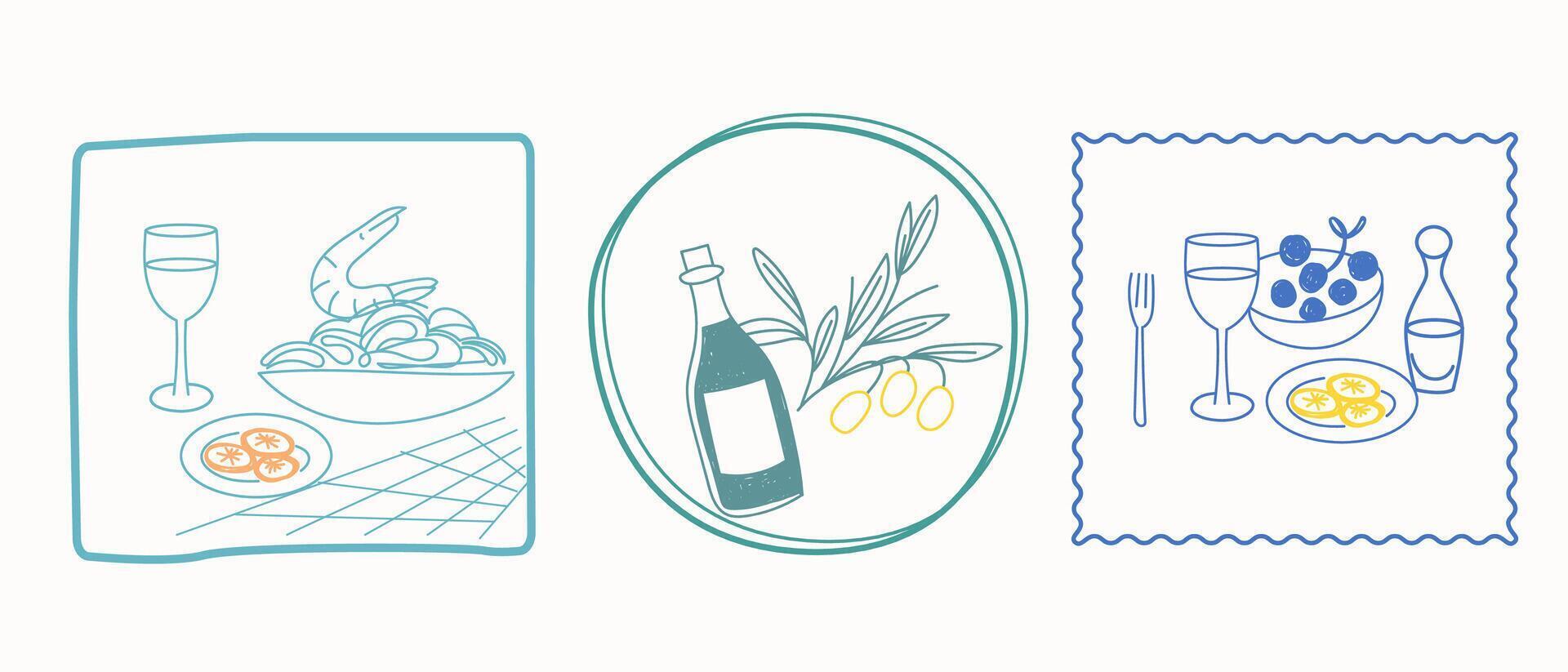 Sketch Vintage Amalfi Style. Mediterranean life Atmosphere Food Drink Symbol. Hand Drawn Travel Card, Wedding Invitation, Poster Print Design, Postcard Surface. Outline Line Stroke Icon Art. vector