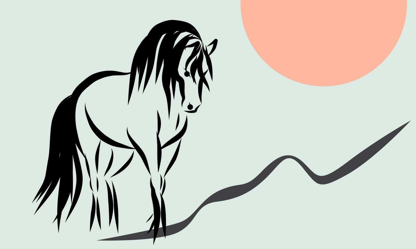 Lunar New Year Calendar Mascot Animal. Line Wild Horse Portrait. Horse Outline Ink Silhouette Sketch Drawn. Hand Crafted China Zodiac Sign Contour. Greeting Gift Card Ink Art Decoration vector
