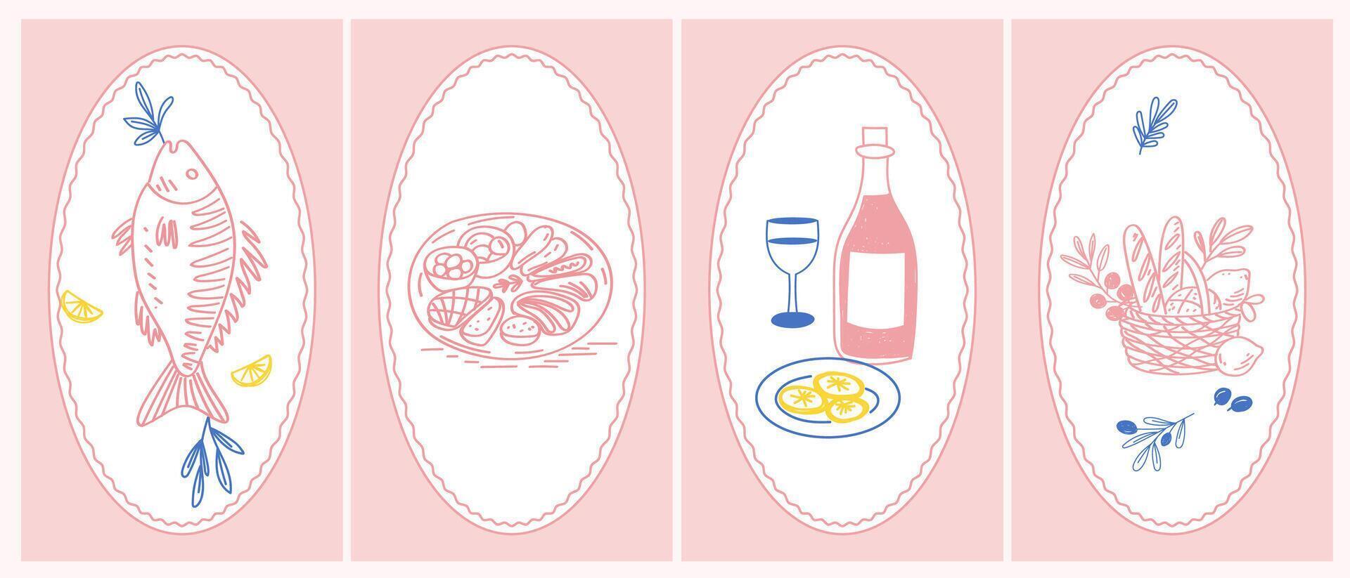 Sketch Vintage Amalfi Style Poster. Mediterranean life Atmosphere Food Drink Symbol. Hand Drawn Travel Card, Wedding Invitation, Poster Print Design, Postcard Surface. Outline Stroke Icon Art. vector