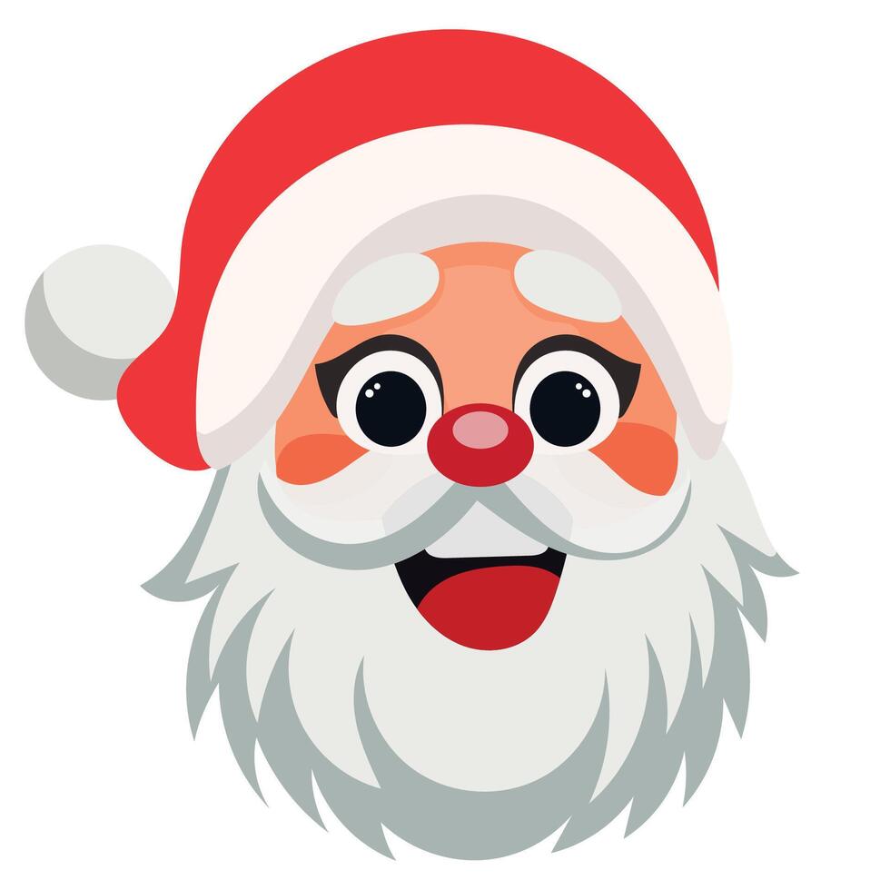 Happy Santa Claus Face Portrait. Cartoon Funny Christmas and New Year Santa Old Man with Beard in Red Hat Character. Winter Holiday Celebration Card Element. Santa Sticker Icon. Positive Santa vector