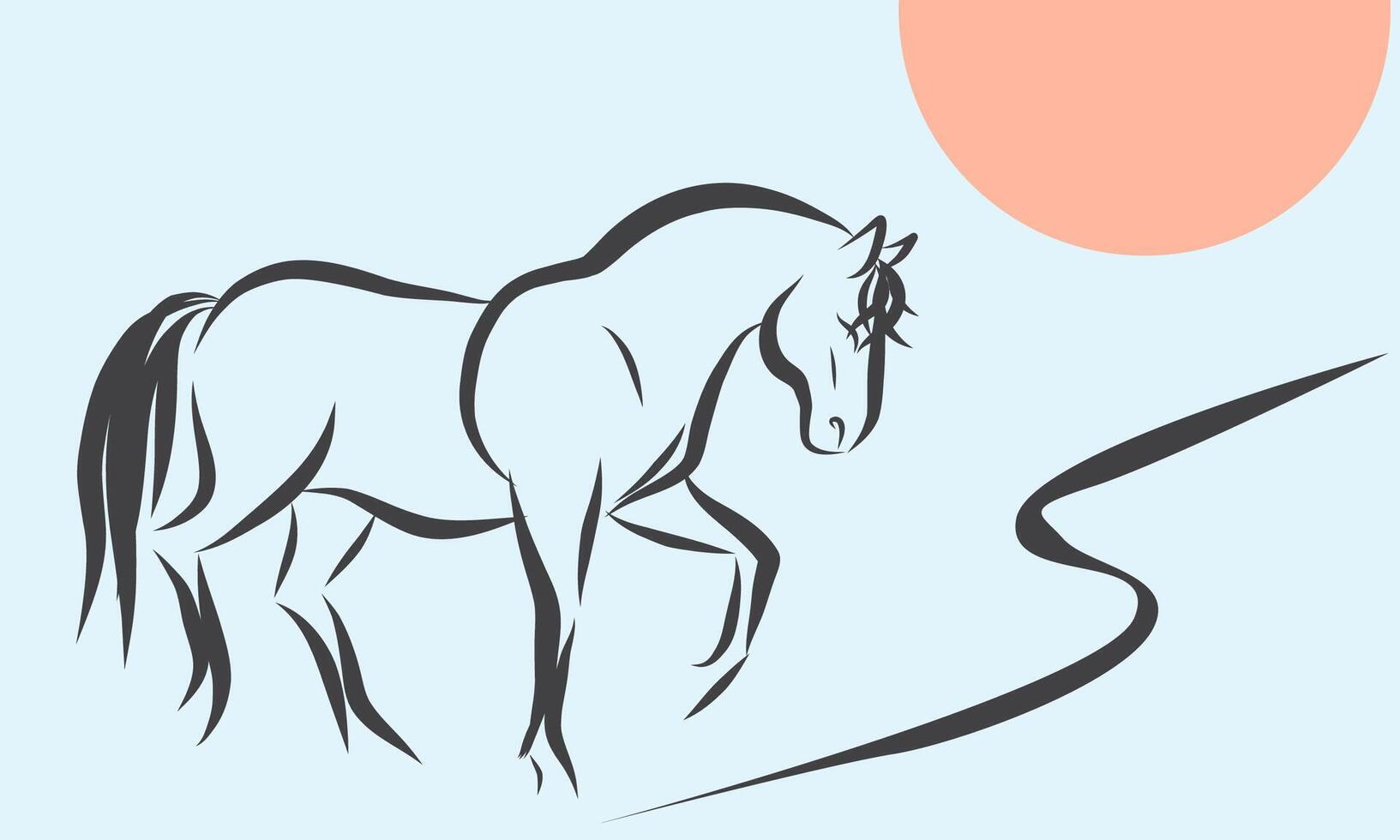 Lunar New Year Calendar Mascot Animal. Line Wild Horse Portrait. Horse Outline Ink Silhouette Sketch Drawn. Hand Crafted China Zodiac Sign Contour. Greeting Gift Card Silhouette Art vector