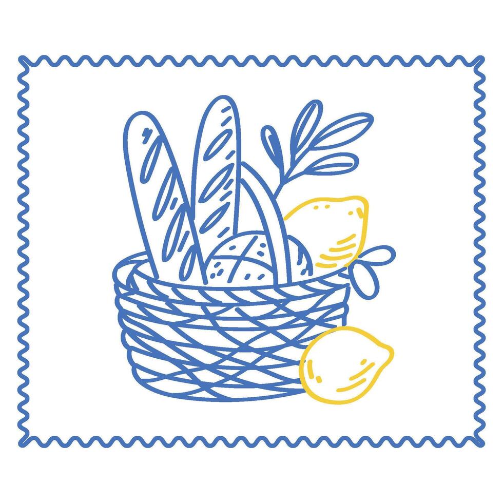 Outline Bread Baguette Basket Illustration. Romantic Picnic Bakery Food Ingredients Sketch Line Art. Mediterranean Travel Vacation Atmosphere. Tourism Agency Card Print. Doodle Hand Drawn Sketch Bread vector