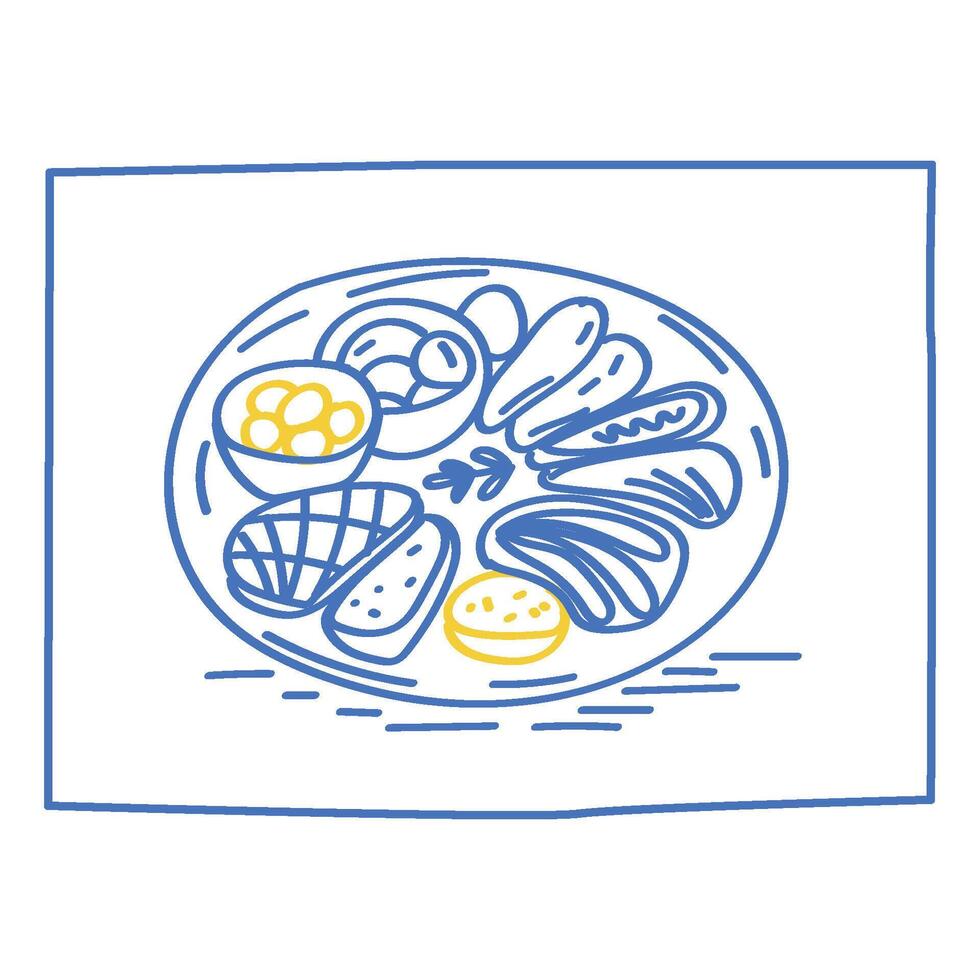 Outline Sea Food Contour Sketch Illustration. Vintage Mediterranean Atmosphere Life Symbol. Travel Rest Resort Vacation Theme. Line Hand Drawn Doodle Card Invitation Poster Print Design Fresh Meal Art vector