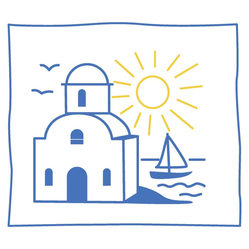 Line House and Boat on Island Illustration. Tropical Travel rest Theme. Outline Sketch Contour Drawn Art. Travel Agency Card Invitation Poster Decoration Design. vector