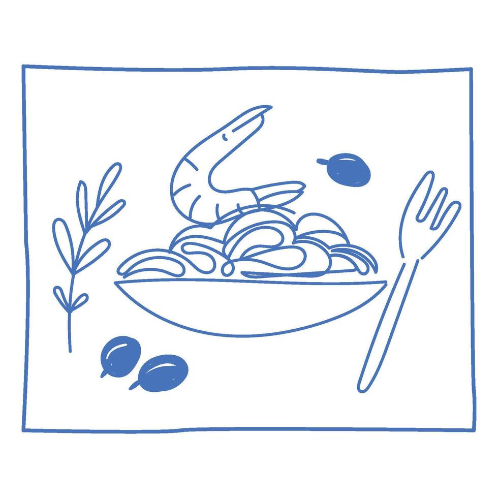 Outline Sea Food Contour Sketch Illustration. Vintage Mediterranean Atmosphere Life Symbol. Travel Rest Resort Vacation Theme. Line Hand Drawn Doodle Card Invitation Poster Print Design. Fresh Meal vector