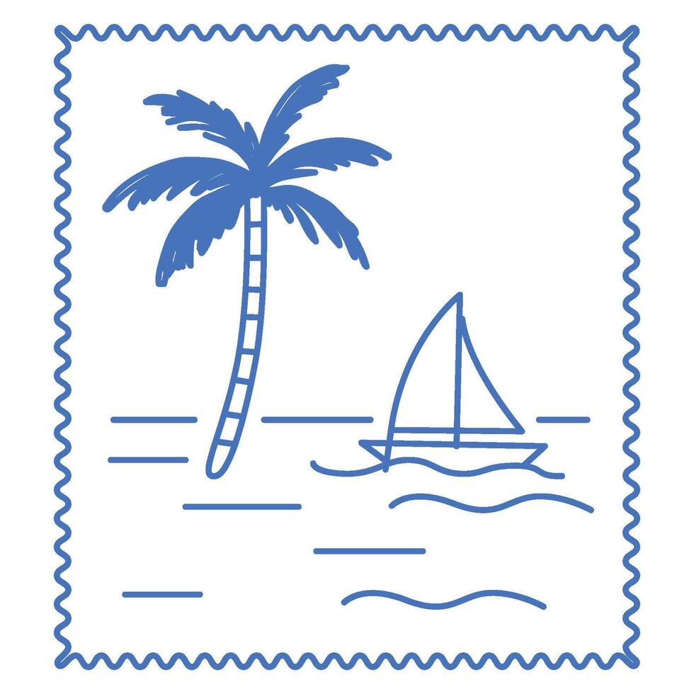 Line Sea Boat and Palm Tree on Island Illustration. Tropical Travel rest Theme. Outline Sketch Contour Drawn Art. Travel Agency Card Invitation Poster Decoration Design. vector