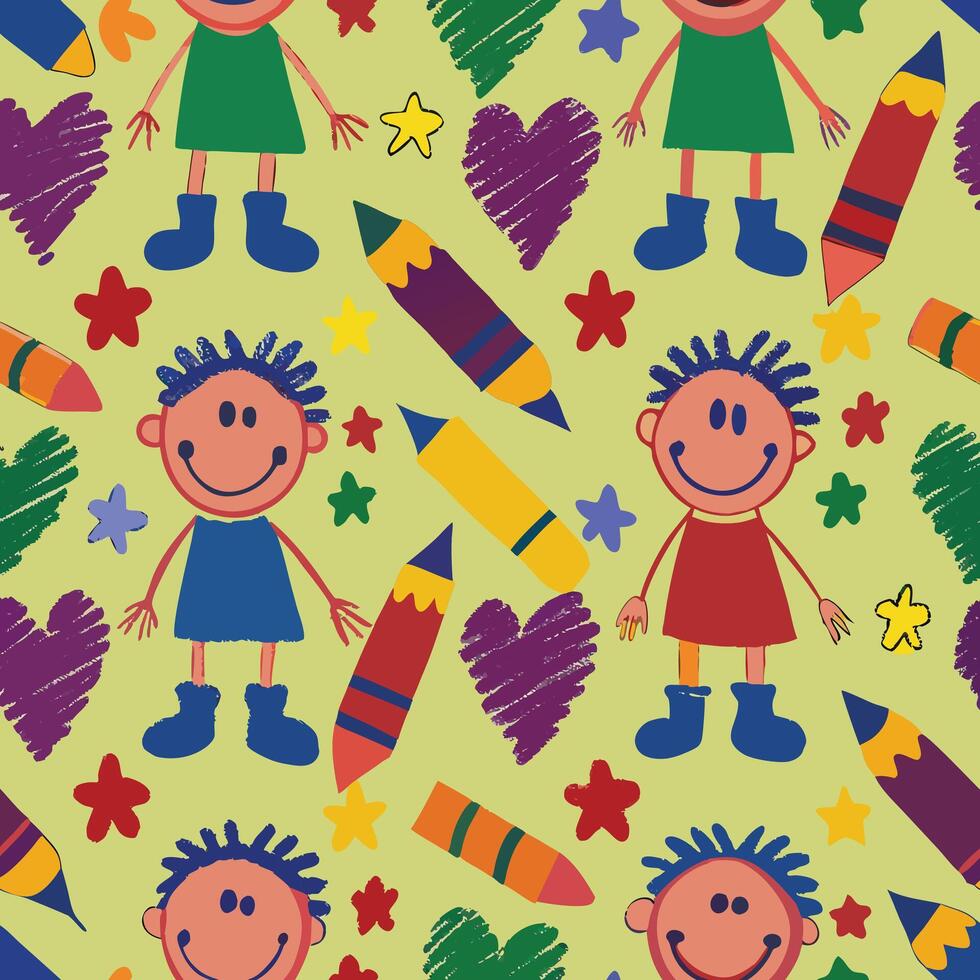 a colorful pattern with children and crayons vector