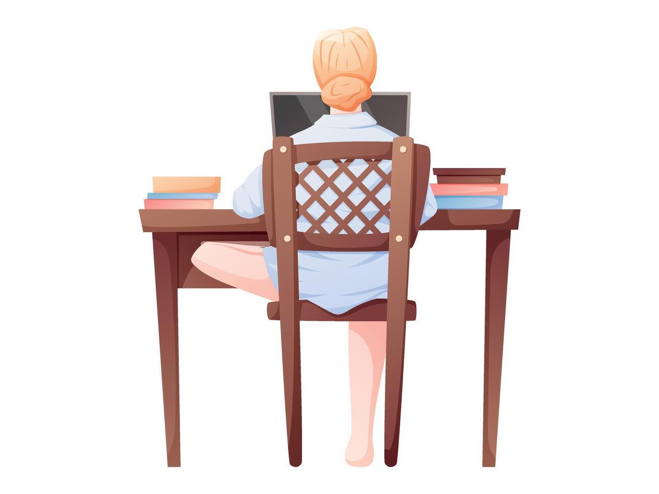 cartoon illustration of woman sitting at desk with laptop and books, viewed from the back. Great for concepts like remote work, online learning, freelancing, productivity, and studying at home. vector