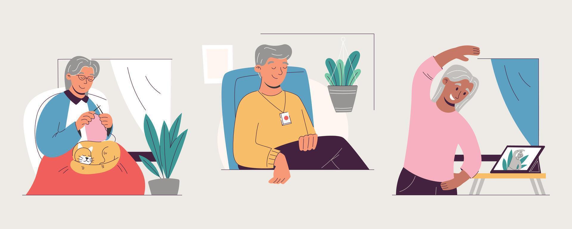 Seniors enjoying various activities at home vector