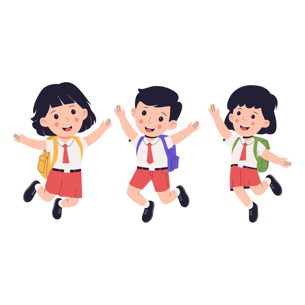 Happy Elementary School Students Jumping with Backpacks vector