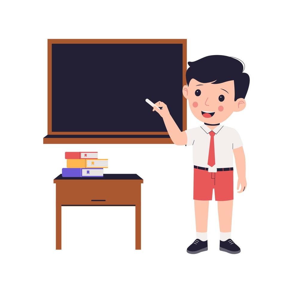 Flat Illustration of Schoolboy Explaining Lesson at Blackboard in Classroom vector