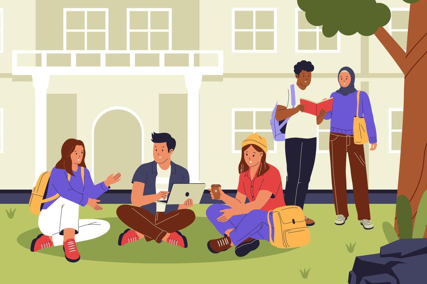 Students collaborating on campus vector