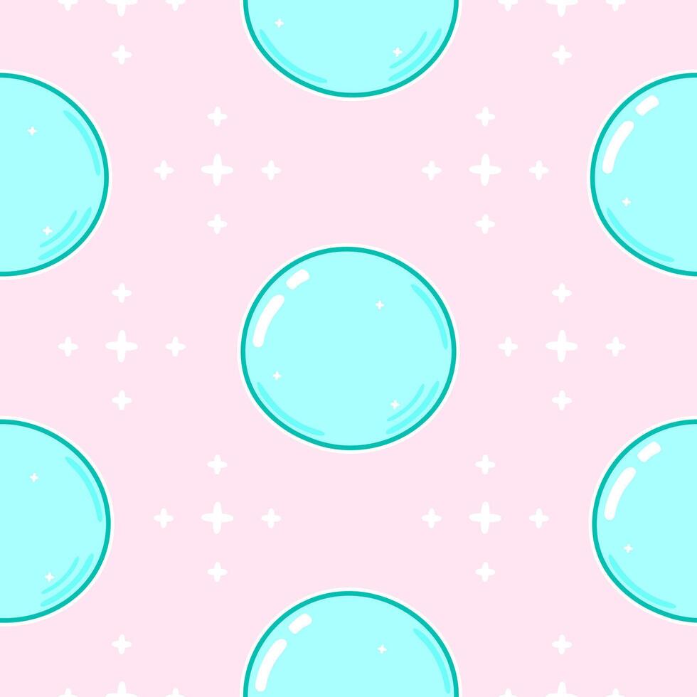 Playful seamless pattern featuring light blue bubbles and stars on a pink background. vector