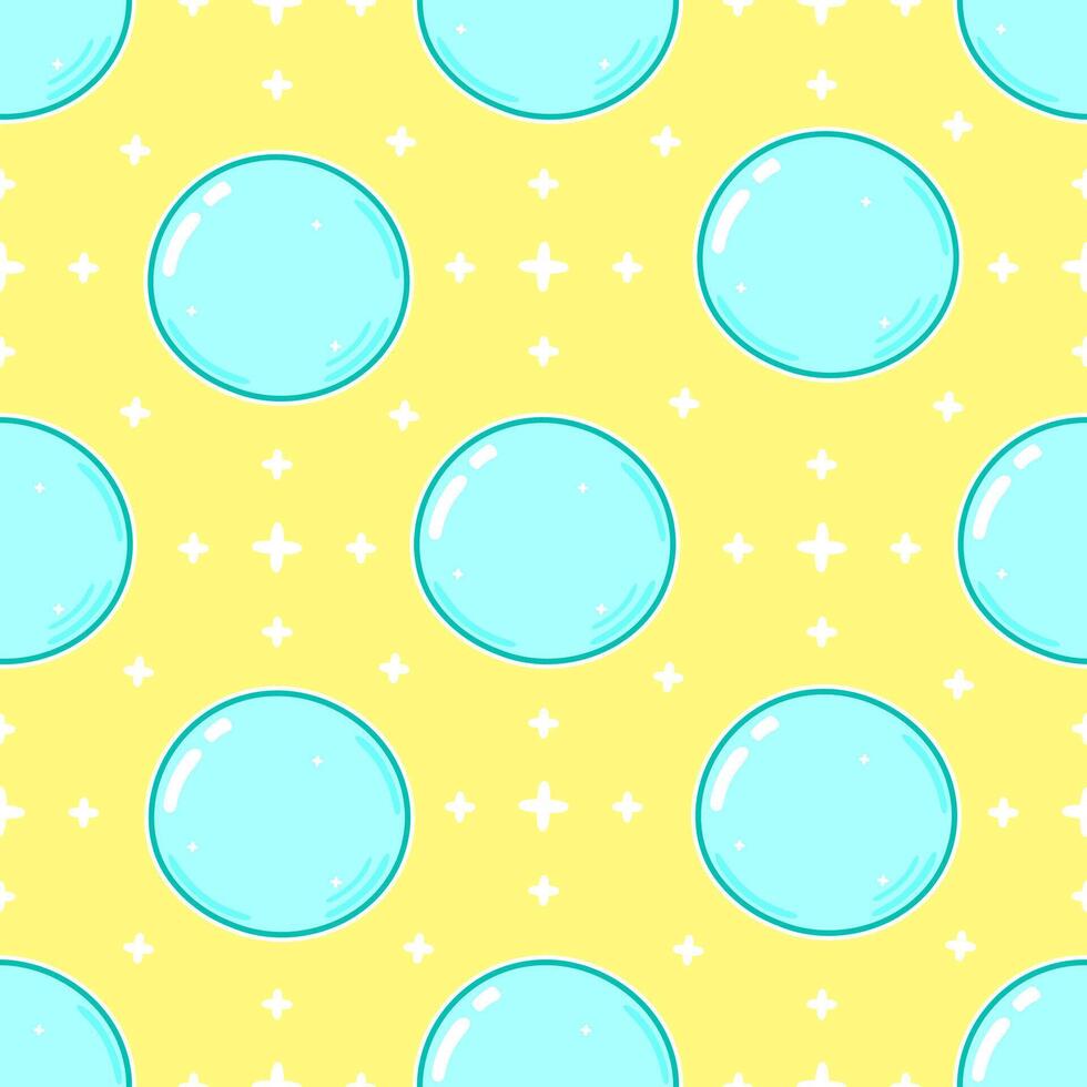 A cheerful seamless pattern of blue bubbles and stars over a yellow backdrop. vector