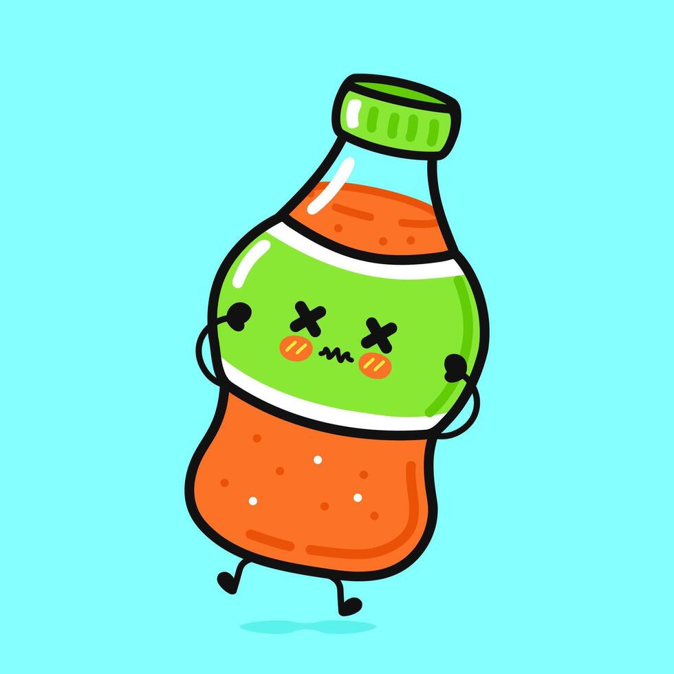 A cute and sad cartoon soda bottle character is illustrated with a light blue background. vector