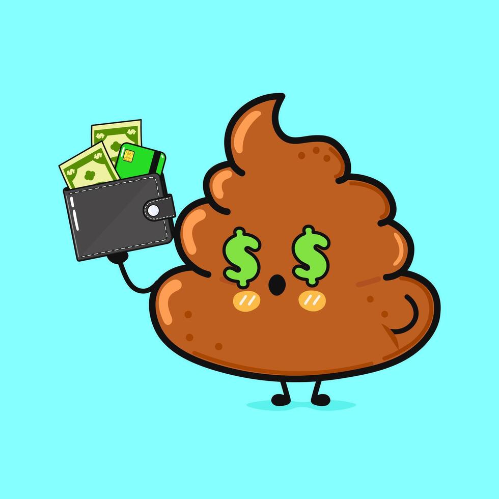 Funny cartoon poop character with dollar signs in eyes holding wallet. vector