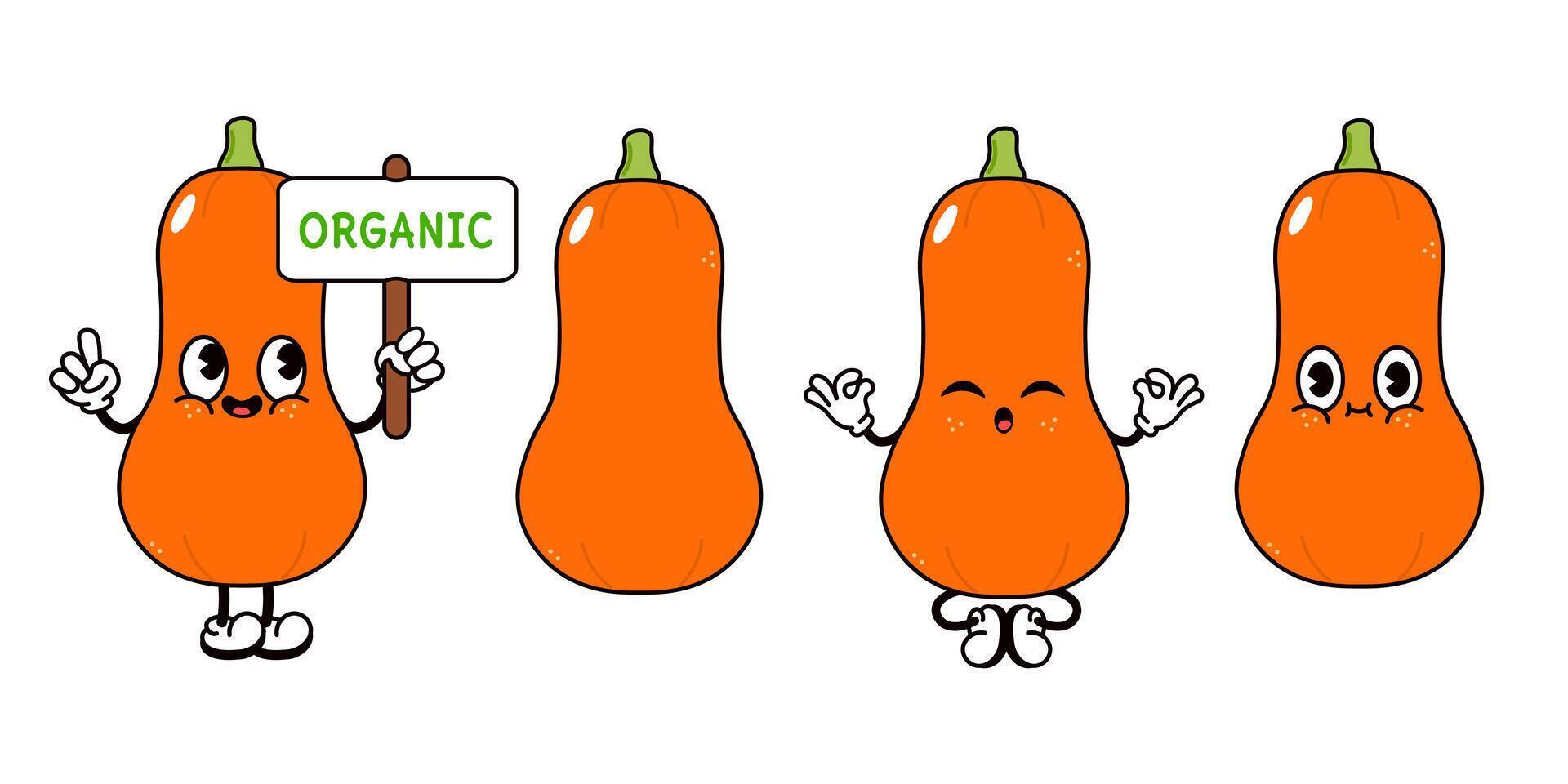 Fun and friendly cartoon Butternut Squash characters showcasing an organic concept and various poses. vector