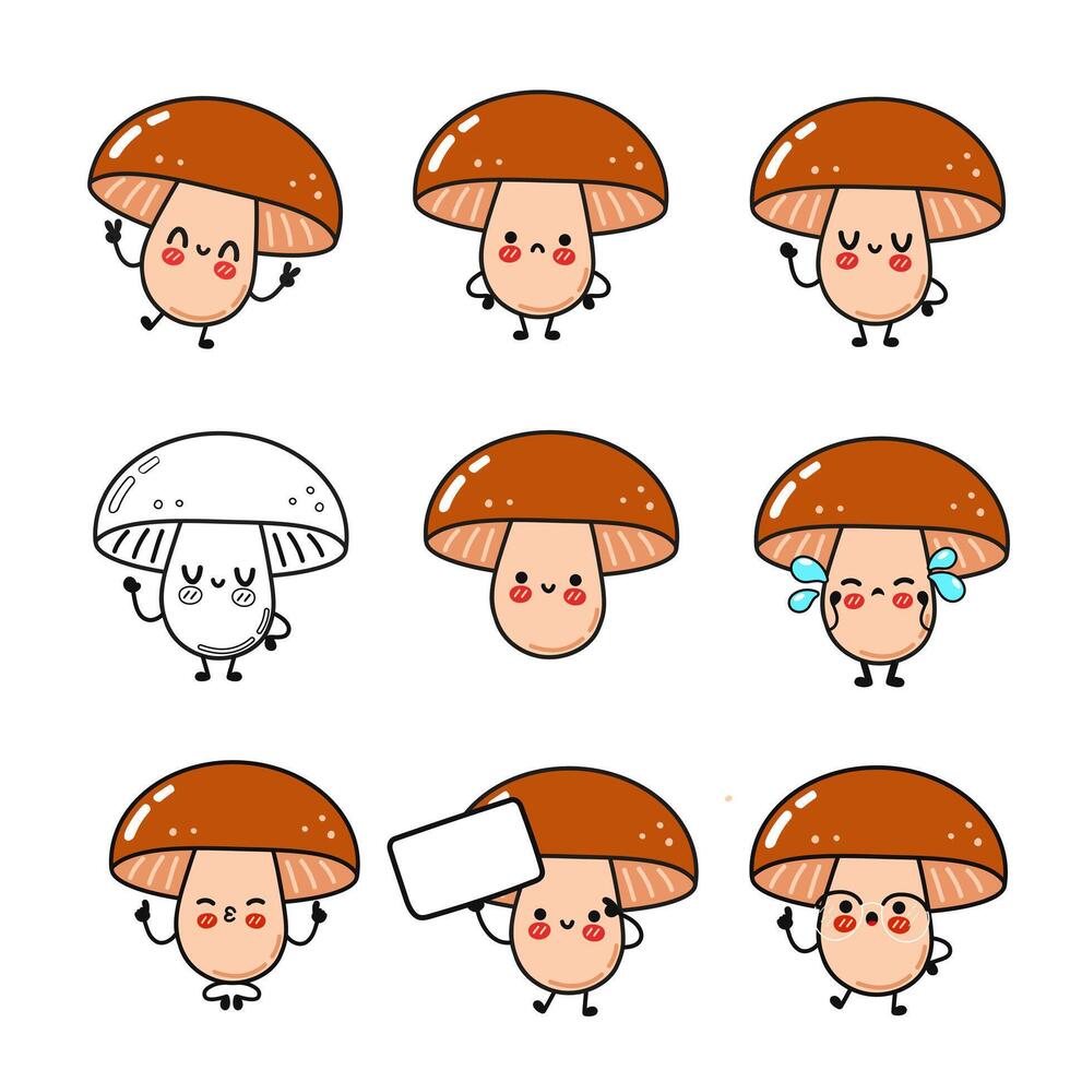 A collection of cute cartoon mushroom characters expressing different emotions and gestures. vector