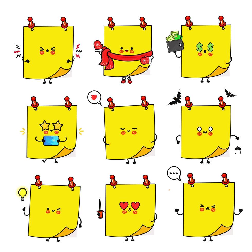Cute sticky notes with various expressions vector