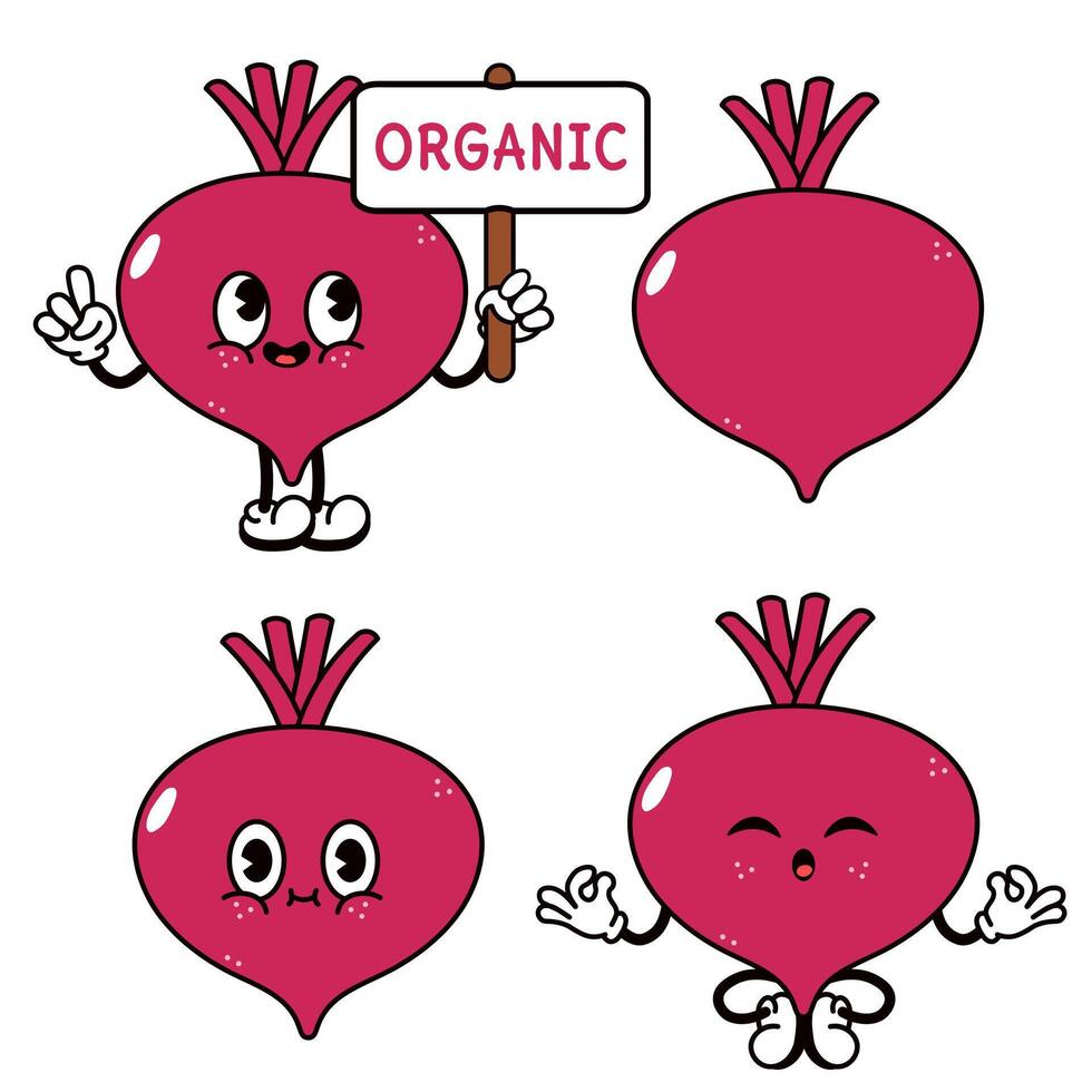 Fun and friendly cartoon Beets show off their organic and healthy qualities. vector