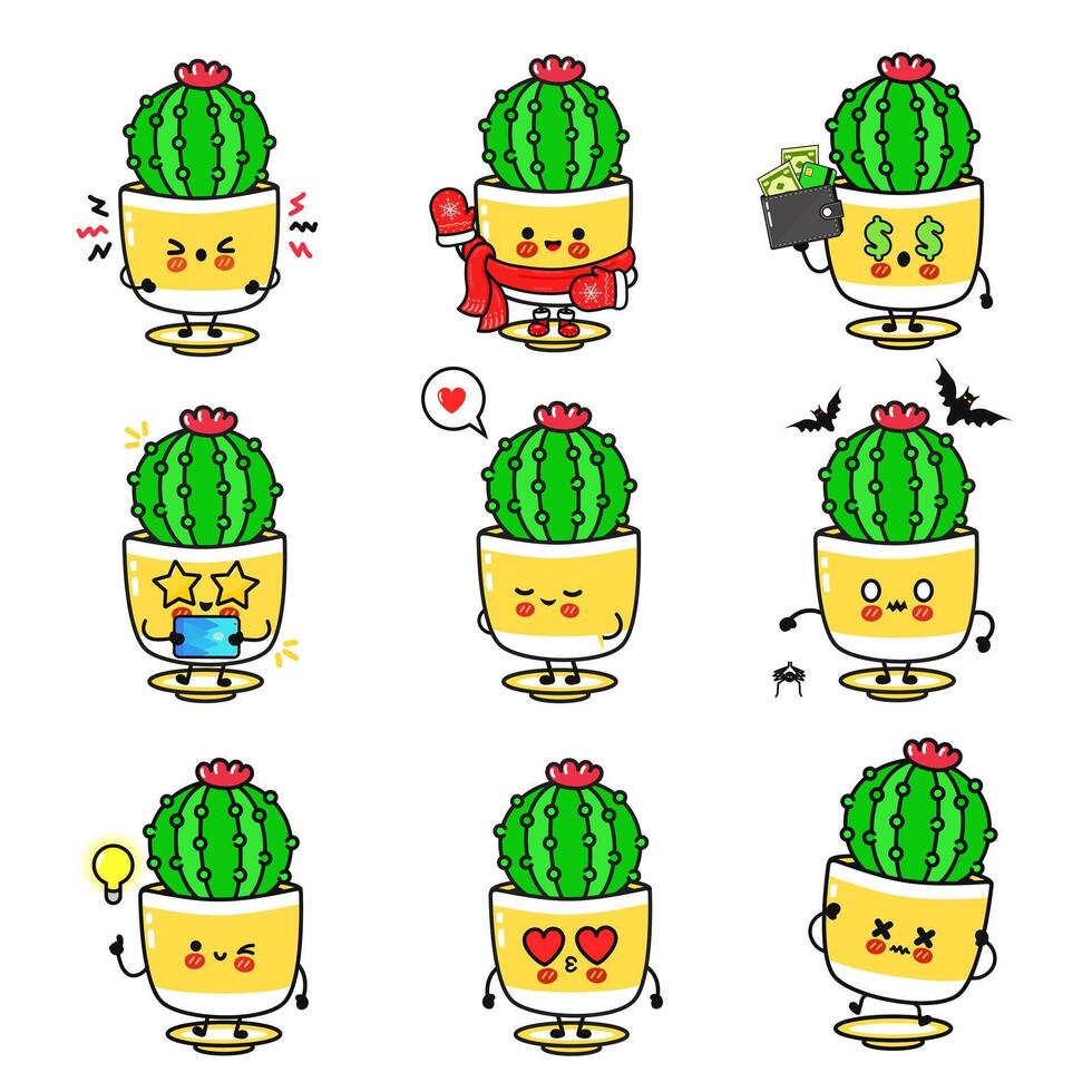 A cute cartoon cactus expressing various emotions and seasonal themes in a delightful set. vector