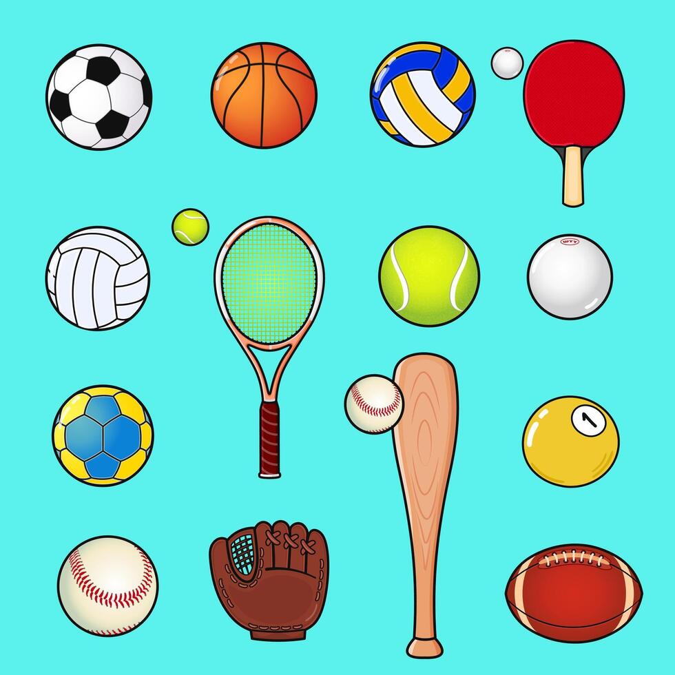 A vibrant collection of sports balls and equipment arranged on a teal background. vector