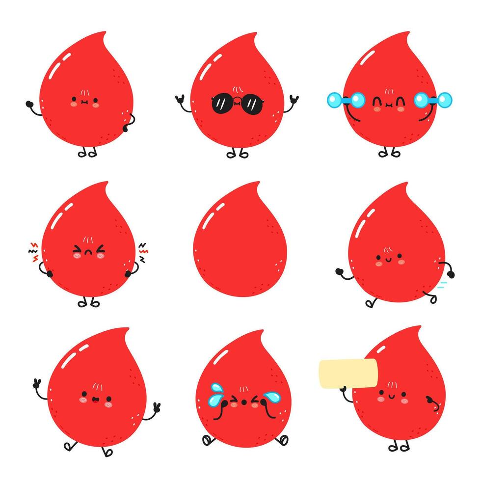 Adorable cartoon blood drops with diverse emotions and activities, perfect for educational uses. vector