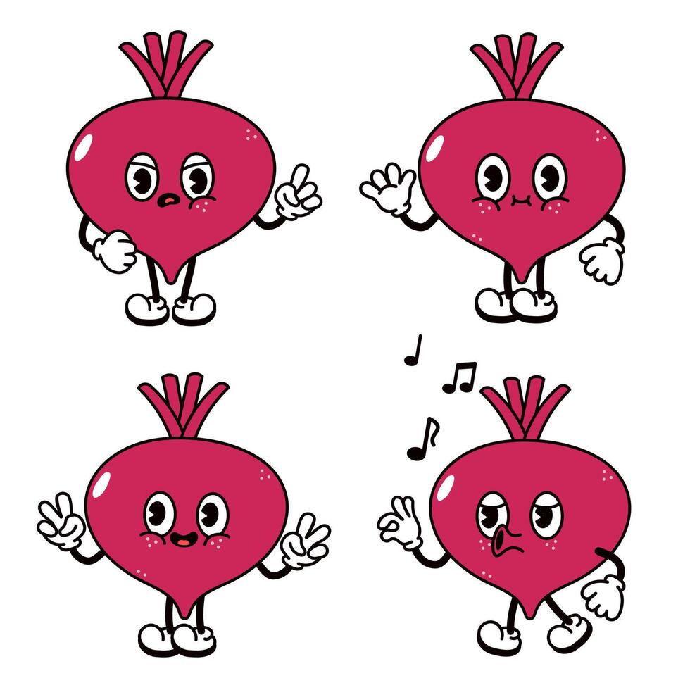Cartoon Beets with animated facial expressions and various hand gestures, ready to dance vector