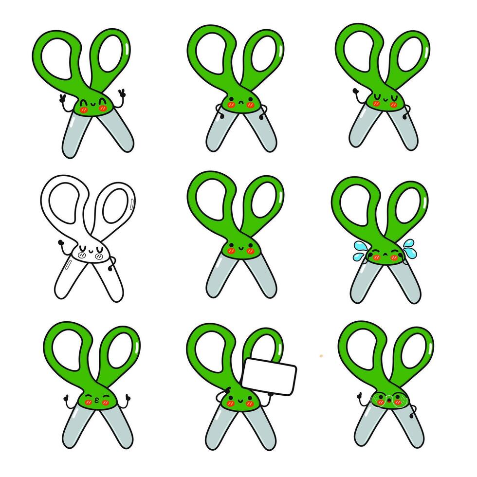 Adorable cartoon scissors with various expressions and emotions. vector
