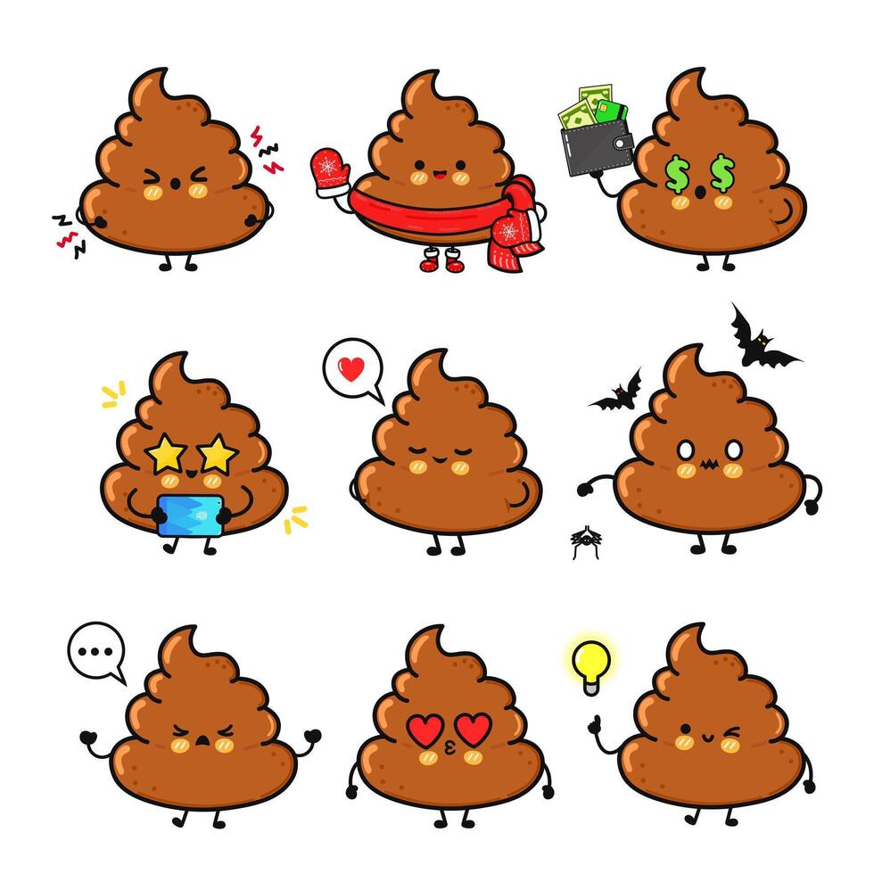 A whimsical collection of adorable and expressive cartoon poo emojis in various moods and scenarios. vector