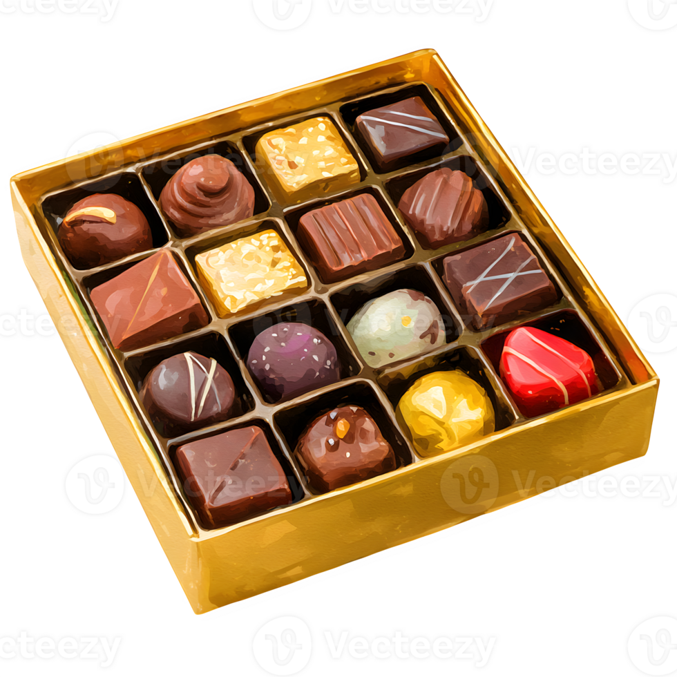 Assorted chocolates in a golden box offers a delicious assortment, perfect for desserts, treats, and gifts, especially for Valentine's Day or special occasions, transparent background png