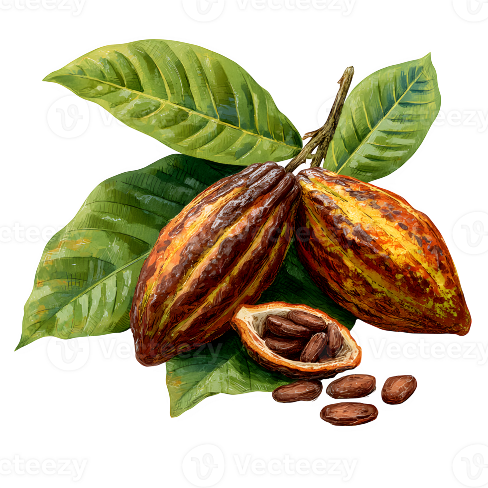 Two cacao pods with lush green leaves and cocoa beans are displayed against a transparent background, creating a rich and vibrant botanical illustration. png