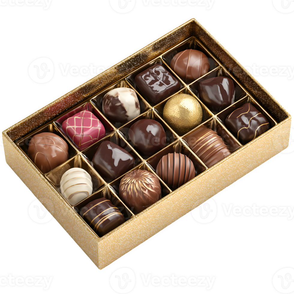 An enticing selection of assorted chocolates presented in a luxurious golden box on a transparent background, perfect for gifts and indulgent treats. png